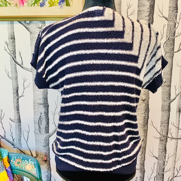 Vintage 80s 90s Boatneck Stripe Color Block Navy Knit Shirt Sleeve Nautical Top - Picture 4 of 6